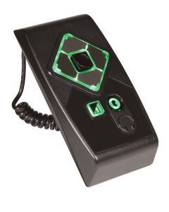 Rectangular keypad with 4 navigation keys around a center Enter key. Below navigation keys is a square key and audio jack. Keypad is black and most of the keys have green illumination. Just to the left side of the keypad is part of a curly black cable.