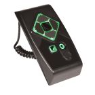 Rectangular keypad with 4 navigation keys around a center Enter key. Below navigation keys is a square key and audio jack. Keypad is black and most of the keys have green illumination. Just to the left side of the keypad is part of a curly black cable.