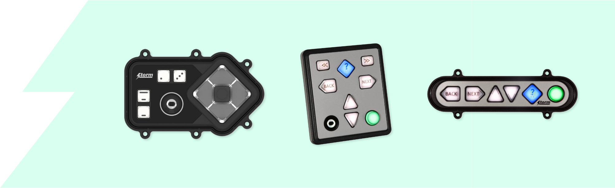 An image of some of the Storm ATP products available. An AudioNav, NavPad and NavBar are shown.