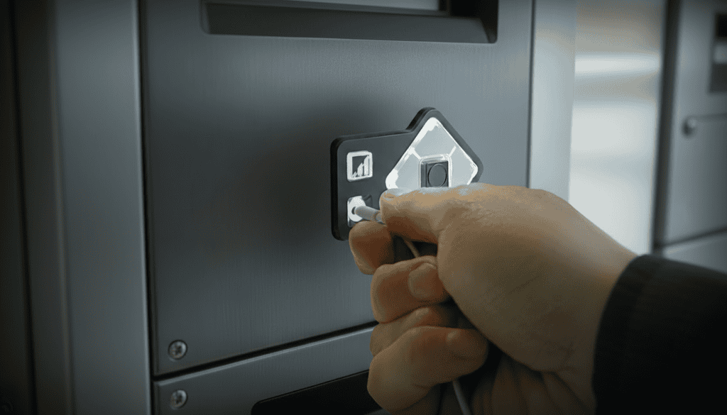 A close-up of a hand pugging a headphone jack into a Storm AudioNav