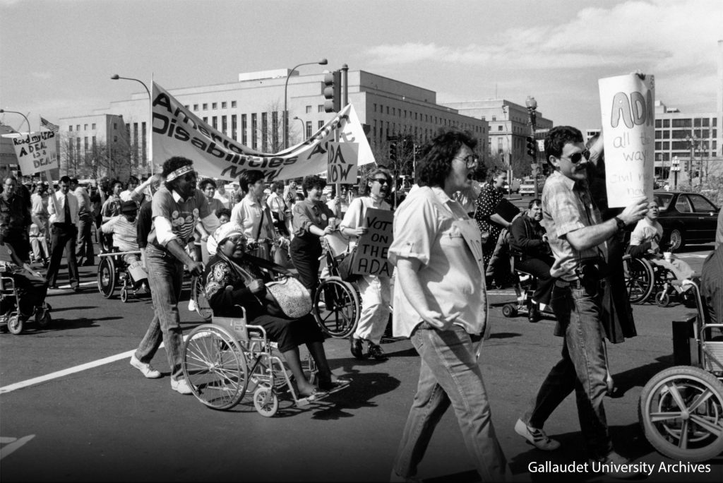 A photo from the Gallaudet University Archives showing disabled protesters