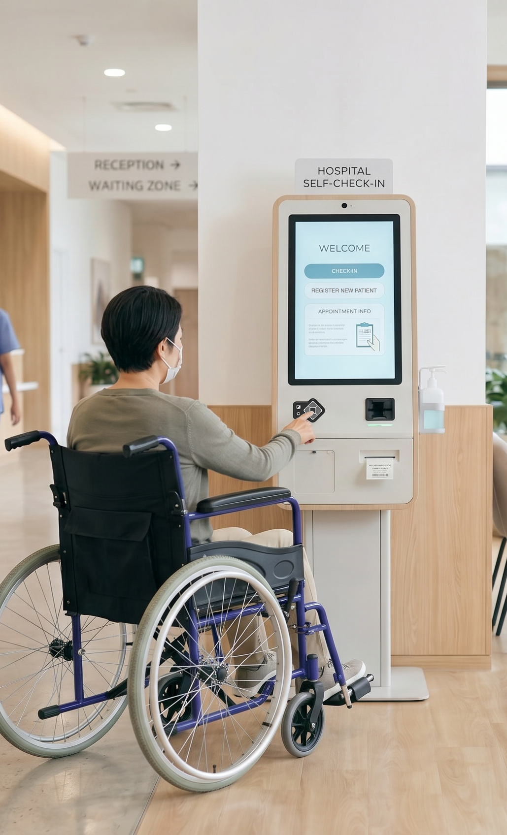 Hospital waiting room with accessible check-in kiosk