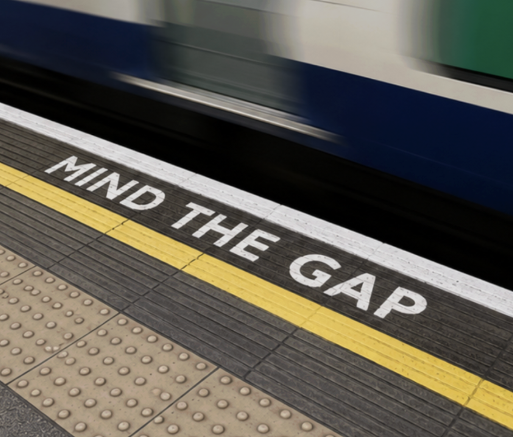 Mind the gap warning painted beside the yellow safety line on a London Underground platform