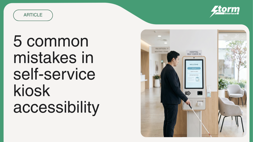 Image of a visually impaired person using a self-service kiosk in an hospital waiting room.